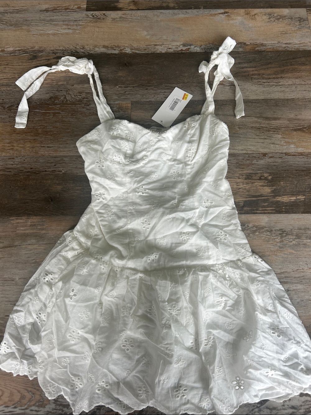 White Eyelet Tie-Shoulder Mini Dress